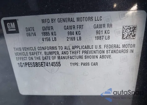 2014 Chevrolet Cruze 2Lt Auto z USA, uszkodzony, nr VIN 1G1PE5SB5E7414555